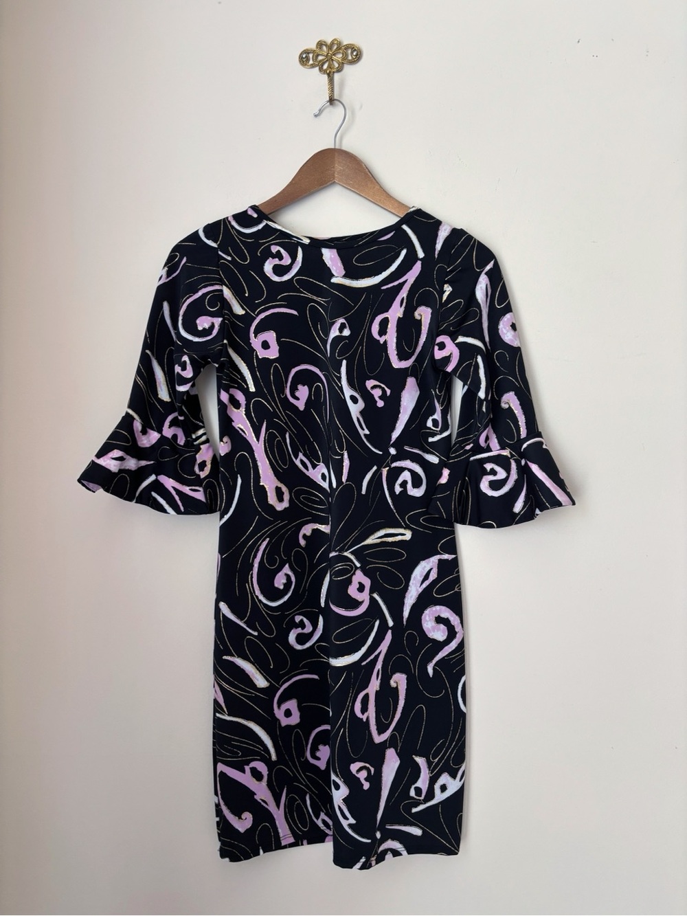 Tara Grinna Black & Metallic Gold Ponza Ruffle Sleeve Dress XS